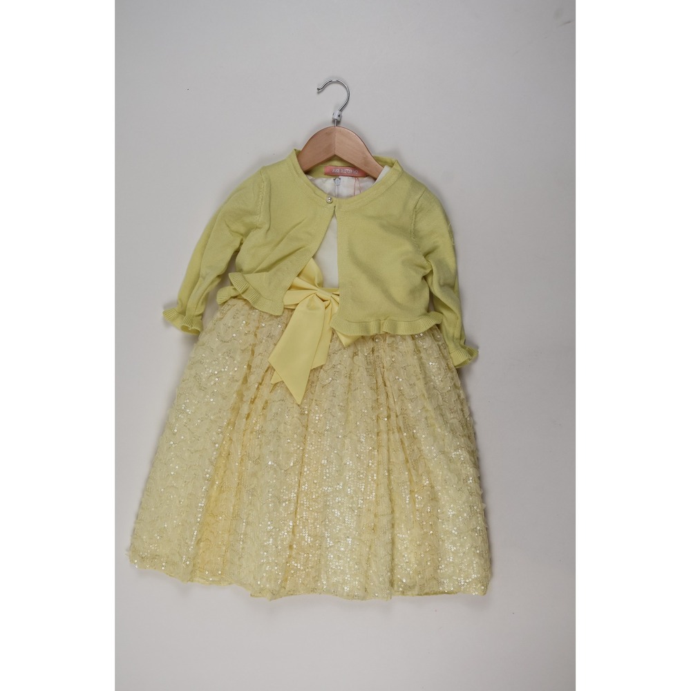 Pink Butterfly Dress Set Yellow Sequin Lace Ruffle Cardigan Size 4 NWT